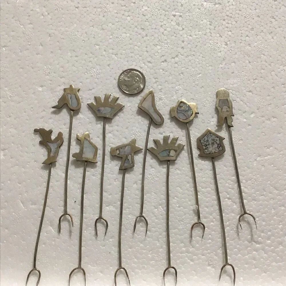 Vintage Sterling silver and mother of pearl shrimp forks, set of 10